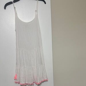 White Dress with Pink Pom-Pom Trim